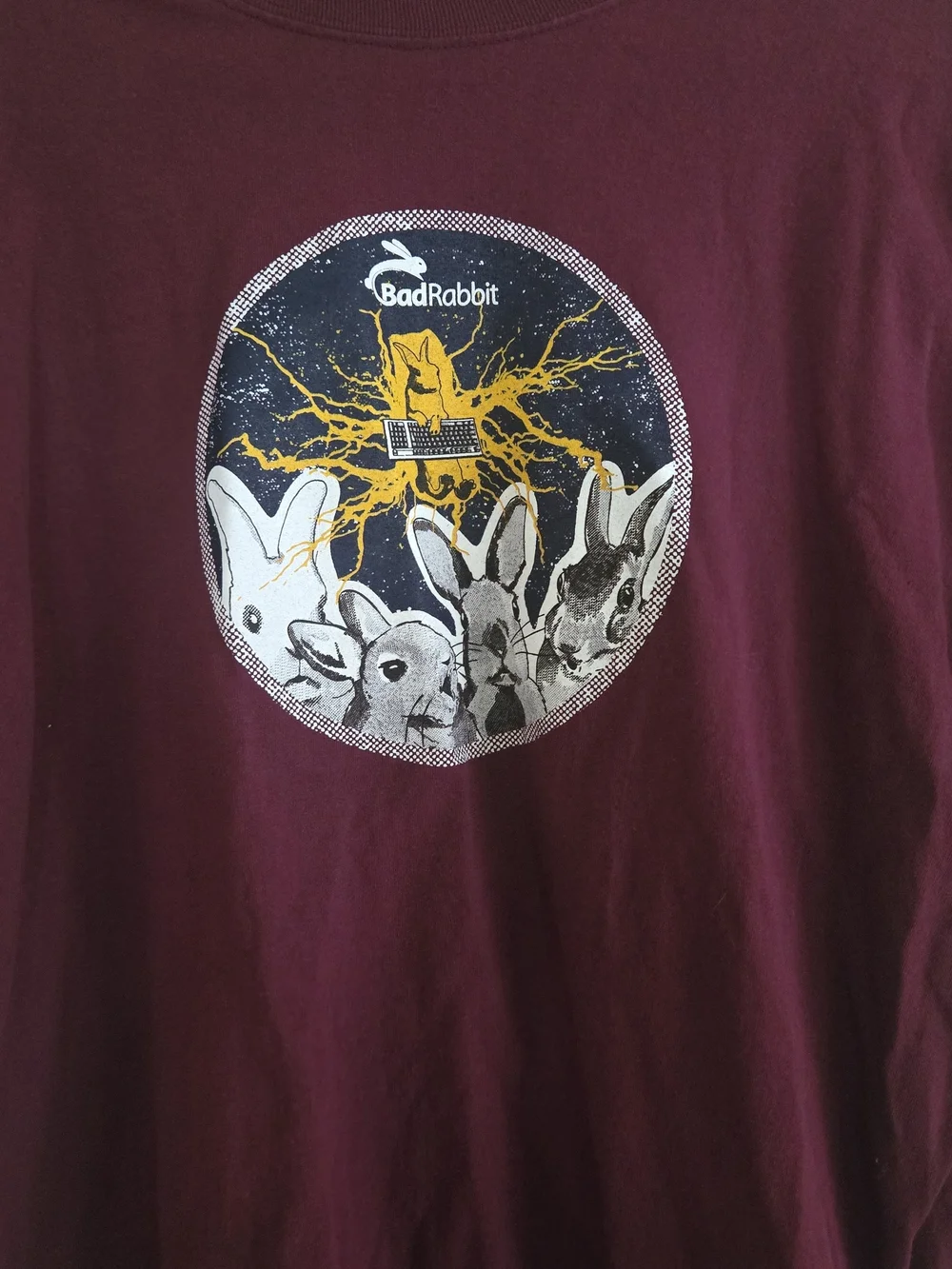 BadRabbit Men’s Burgundy Graphic Tee - Rabbit Playing Keyboard LARGE
